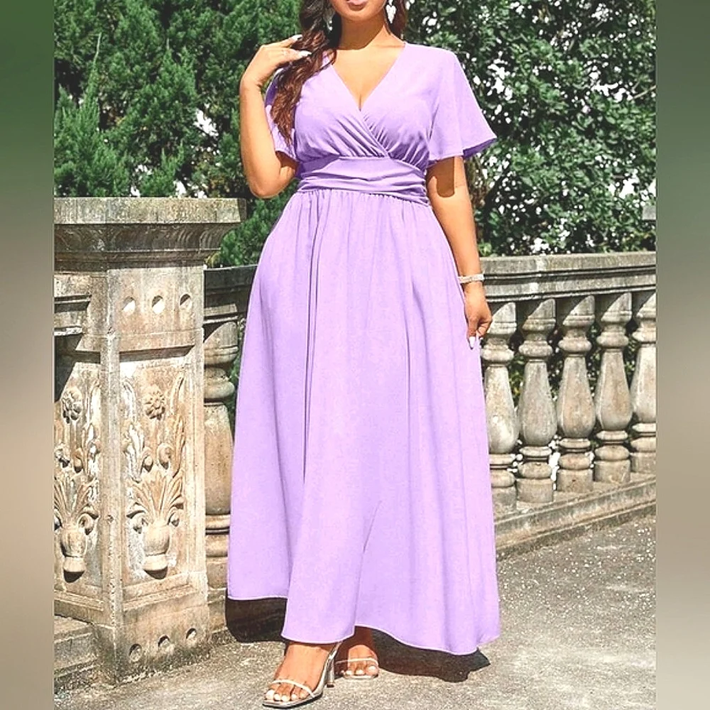 NEW Chic Ruched Waist Flutter Sleeve Maxi Dress PLUS Lavender Purple